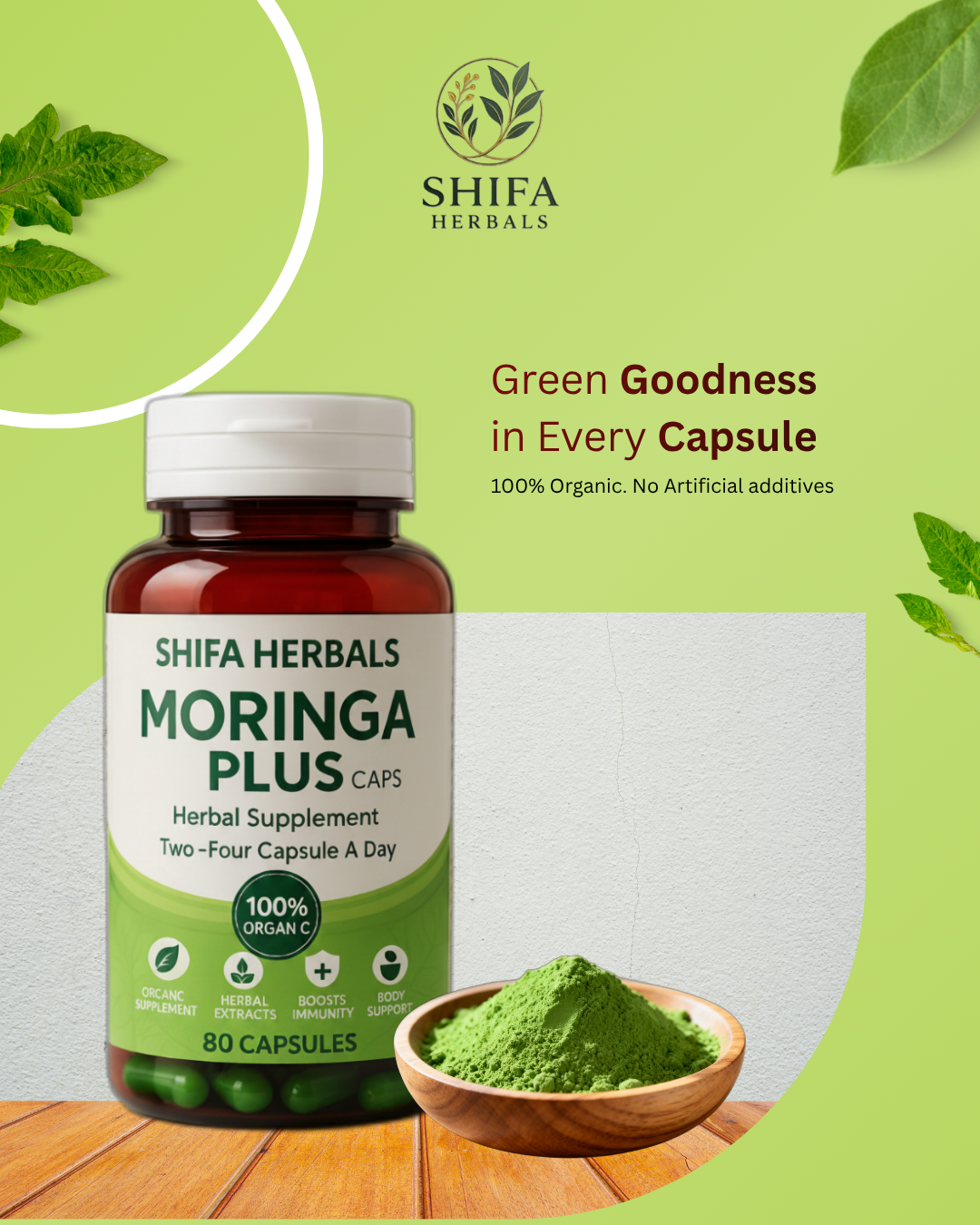 Moringa Plus Capsule – 100% Organic Herbal Supplement (80 Capsules)